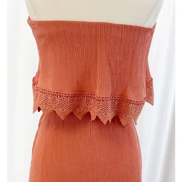 Daytrip Womens XS Strapless Crochet Maxi‎ Dress Rust Orange Gauzy Bohemian Beach - Image 8