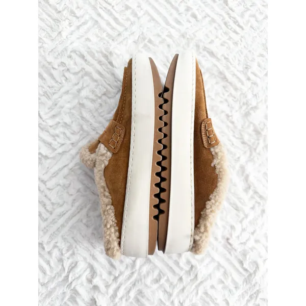 Aquatalia Amata Shearling Platform Loafer Mules in Camel Cozycore Minimalist - Image 6