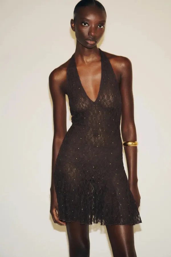 Zara Brown Lace Ruffled Crochet Halter Bohemian Summer Dress - Image 9