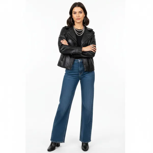 Catherine Malandrino Black Faux Leather Zip Up Ruffle Trim Cropped Jacket M - Image 7