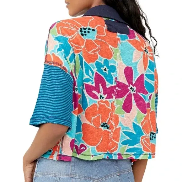 NWOT Free People Floral Striped Collared On A Boat Boxy Crop Polo Shirt - Image 3
