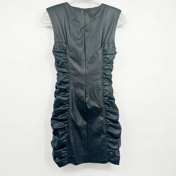 Zara Womens Black Ruched Faux Leather Edgy Grunge Moto Bodycon Mini Dress Size S - Image 6