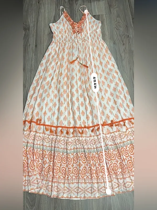 Me 2 Magic Boho Maxi Dress Orange White Embroidered V-Neck Fringe. - Image 15
