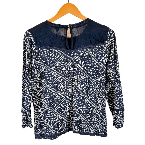 Lucky Brand | L | Navy Patterned Lace Accent Cotton Boho Peasant Shirt Top - Image 8