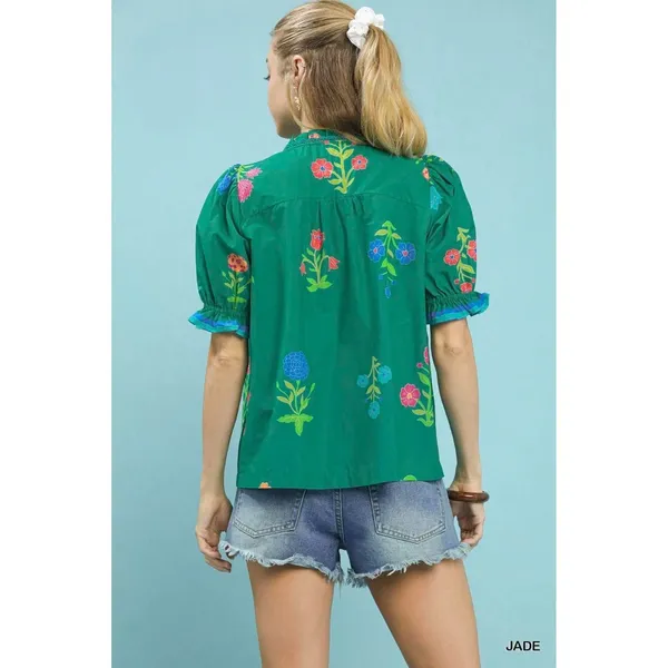 Umgee Petal Parade Print Button-Down Blouse - Jade - Small - Image 3