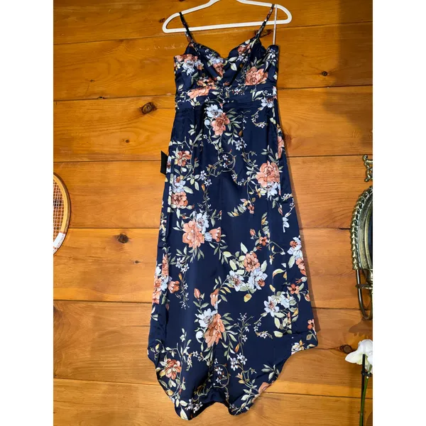 Lulus Navy Floral Tulip Midi Dress Sweetheart Small - Image 6