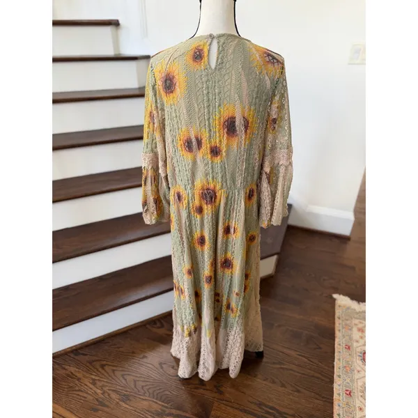 Origami Green Tan Sunflower Burnout Lace Trim Renaissance Boho Western Dress - Image 3