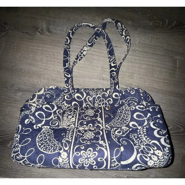 Vera Bradley Navy And White Floral Print Twirly Bird Pattern Zip Up Tote Bag - Image 3