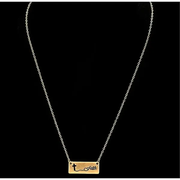 New Womens Boutique Faith Cross Accented Gold Brushed Metal Bar Pendant Necklace - Image 2