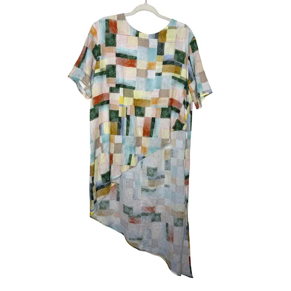 GiGiO Linen Tencel Asymmetrical Tunic Top Size L Abstract Art Print - Image 2