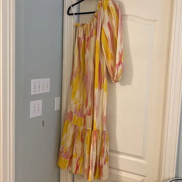 Anthropologie Little Lies Costa Rica One Shoulder Linen Pink Yellow Dress - Image 5
