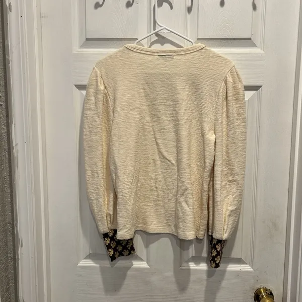 Polagram Cream Textured Puff Sleeve Top with Floral Contrast Cuffs M Cottagecore - Image 6