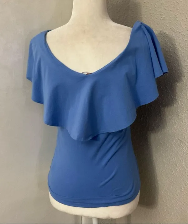 Free People Off Shoulder Blue Ruffle Neckline M Boho Coquette Girl Balletcore - Image 2
