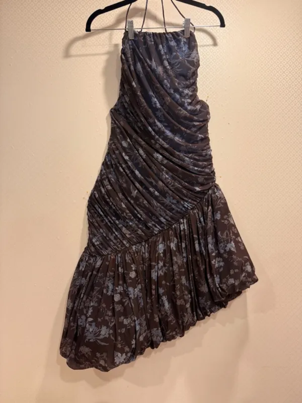 Let Me Be Blue Printed Asymmetrical Ruched Polyester Midi Dress Sz XS Boho Chic - Image 9