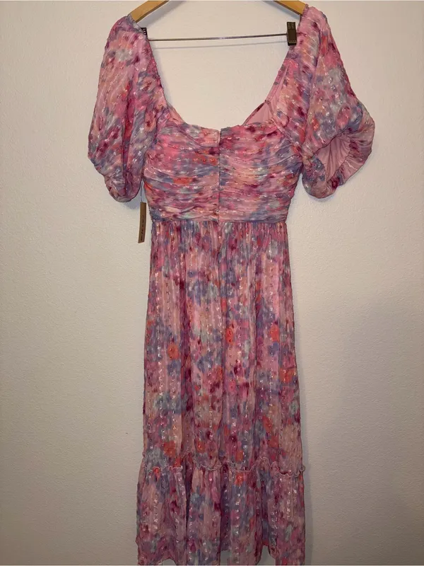 NWT Basil & Lola Floral Puff Sleeve Tiered Midi Dress Women’s Size Medium M - Image 5