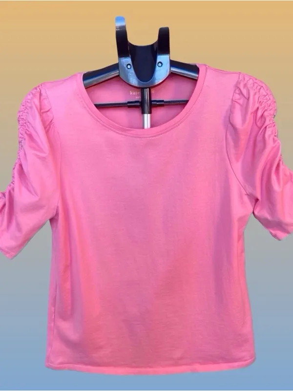 Kate Spade Pink Ruched Puff-Sleeve Short Sleeve Tee large - Image 5