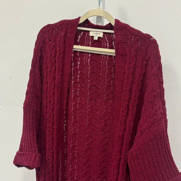 Umgee USA Burgundy Cable Open Front Chunky Knit Cardigan Oversized M/L Boho - Image 4