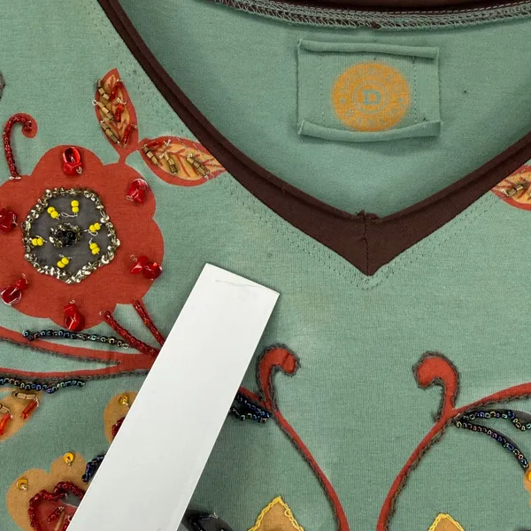 Double D Ranchwear Sage Green Beaded‎ Floral Embroidered Tunic Dress L READ - Image 4