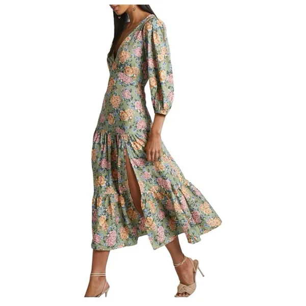Showpo Alayna Midi Dress-Thigh Split Tiered Floral Dress in Sage Size 8 - Image 2