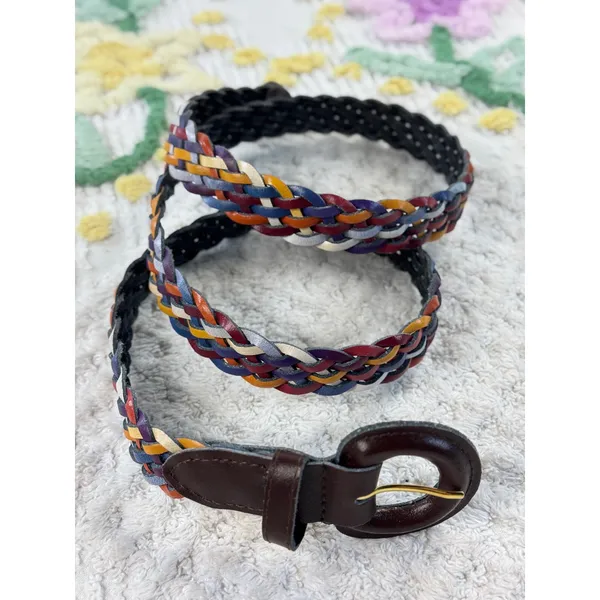 Vintage Multicolor Braided Leather Belt Boho Woven‎ Skinny Waist Belt Large - Image 2