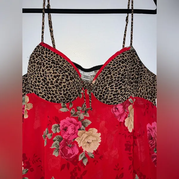 Vintage Seductive 90s Leopard & Floral Satin Slip Dress Sexy Babydoll Nightie‎ - Image 3
