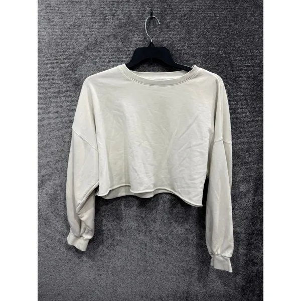 NIA Women Sweatshirt XL Cream Cropped Raw Hem Drop Shoulder French Terry - Image 3