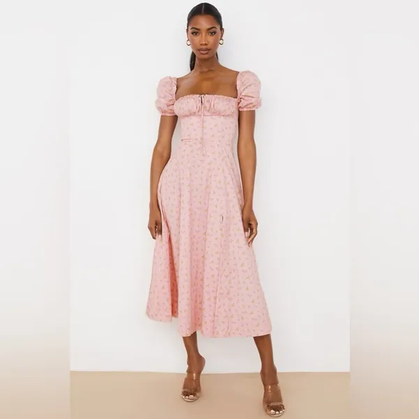 House of CB Pink Floral Puff Sleeve Midi Dress Front Slit Cottagecore Medium - Image 3