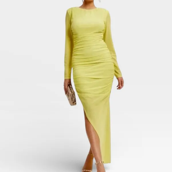 Vici Runched Lime Glitter Bodycon Maxi Long Sleeve Dress SMALL - Image 2