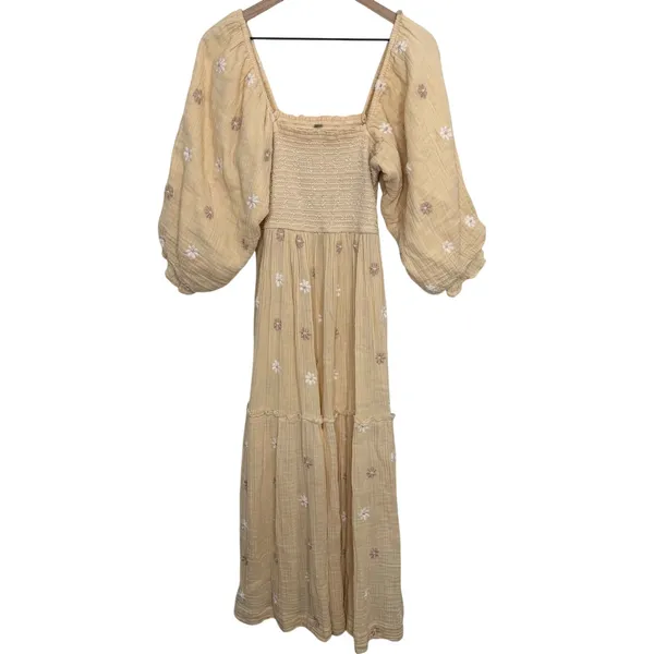 Free People Dahlia Embroidered Maxi Dress Sand Gauzy Smocked Size Small Cotton - Image 3