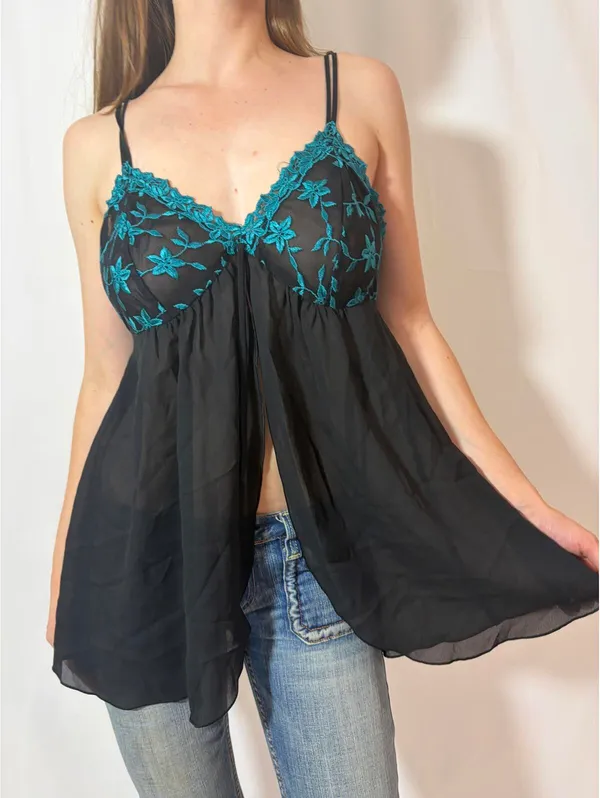 Black and Turquoise Lacey Floral Babydoll Slip - Image 4