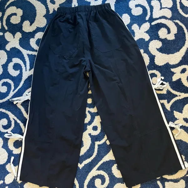 Black Nylon Track Pants with White Side Ties Down Leg New Size XS - Image 8