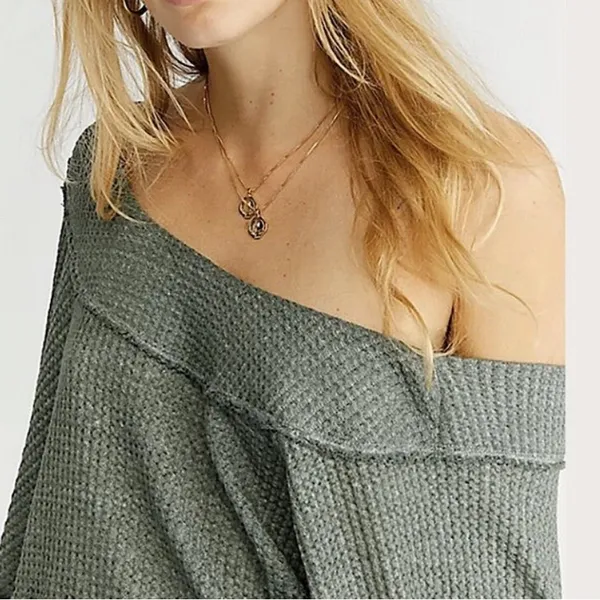 We The Free People Westend Thermal Off-Shoulder Army‎ Green Sweater - Image 4