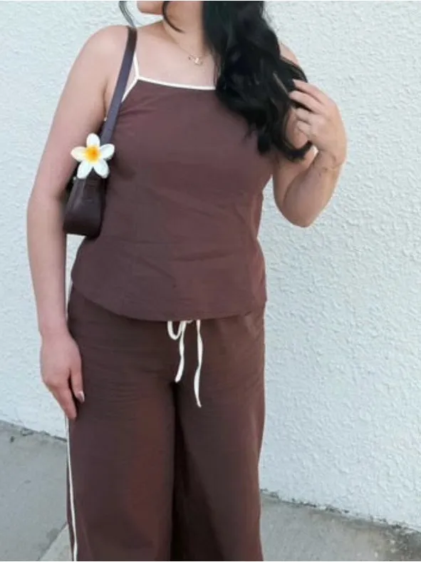Women's Brown Wide-Leg Lounge Top and Pants Set - Image 2