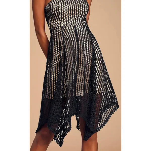 Lulus L Lenaya Strapless Dress‎ Black Crochet Handkerchief Hem Mesh Overlay NEW - Image 3