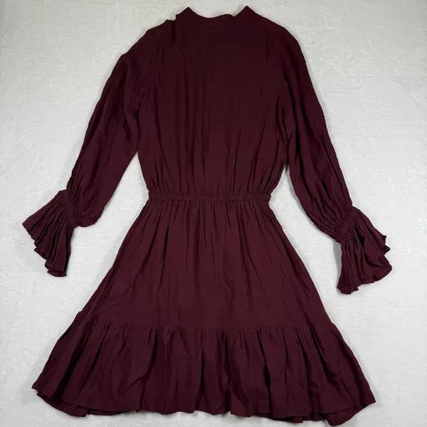Rachel Pally Burgundy Ruffle Bell Sleeve Mini Dress XS Maroon Button Front‎ Boho - Image 9