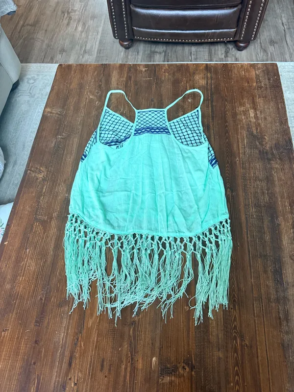 Alya Bright green and navy blue fringe detail Racerback style tank size small - Image 2