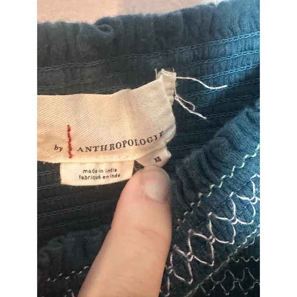 Anthropologie Teal‎ Smocked Embroidered Puff Sleeve Crop Top XS Floral Boho - Image 4