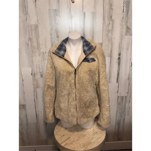 Pendleton Cream Sherpa Flannel Trim Full Zipper Teddy Coat Women’s medium - Image 6
