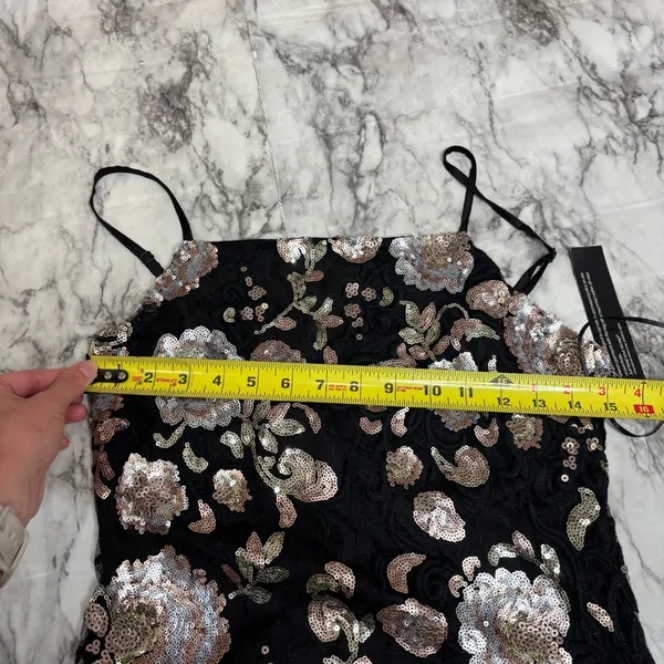 Anthropologie Goldie metallic Floral Sequin Mini Dress black mesh adjustable straps NWT XS - Image 5