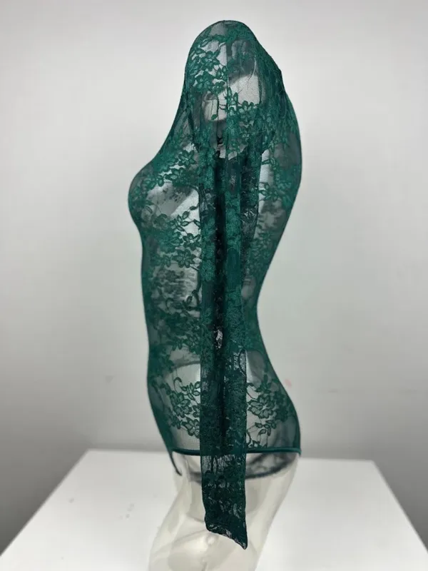 Forever 21 Green Lace Long Sleeve Bodysuit Size S - Image 2