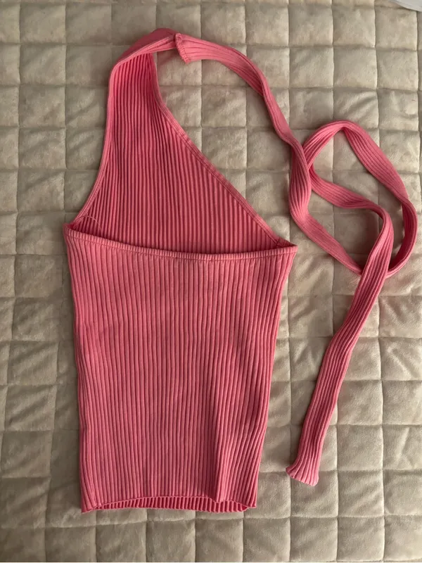 Zara Pink Ribbed One Shoulder & Scarf Knit Top Size M - Image 2