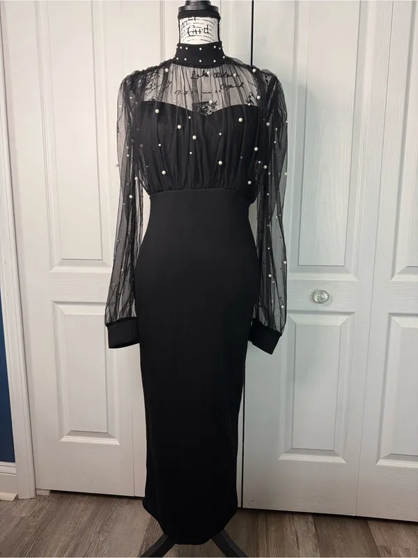 CHICME Black Pearl-Embellished Mesh Bodycon Evening Dress - Image 2