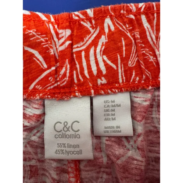 C&C California‎ Linen Wide Leg Pants Women M Red Tropical Leaf Coastal Resort - Image 3