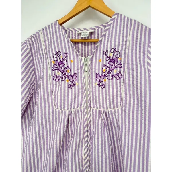 The Country Store Embroidered Zip‎ XL Seersucker Robe Purple Striped House Dress - Image 2