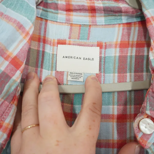 American Eagle Oversized Plaid Linen Blend Button Down Shirt XXL Short Sleeve - Image 4