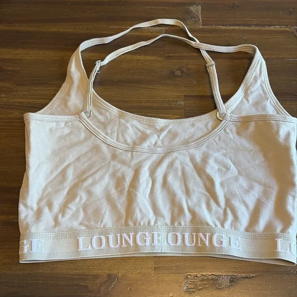 Lounge Bralette Tan Nude Cream Logo Band Cris Cross Back Crop Top M Active - Image 2