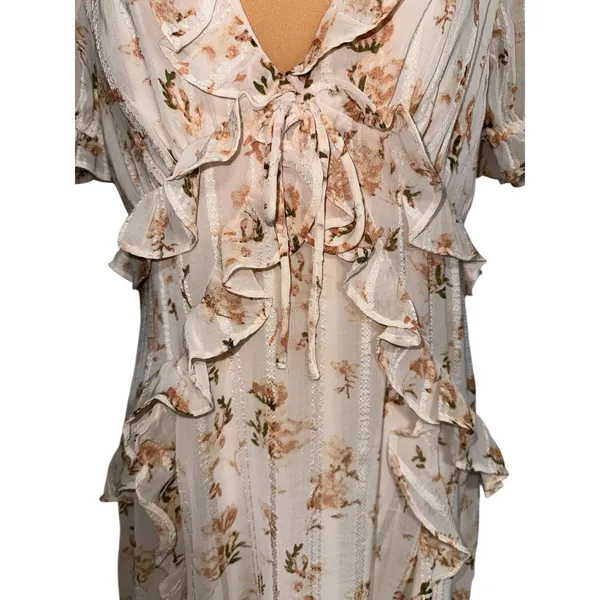 Storia Floral Ruffle‎ Maxi Dress Cream Pink Dobby Puff Sleeve Large NWT - Image 6