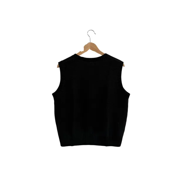 Trendy Queen Black Knit Button Down Sweater Vest Gold Buttons Preppy Medium - Image 3