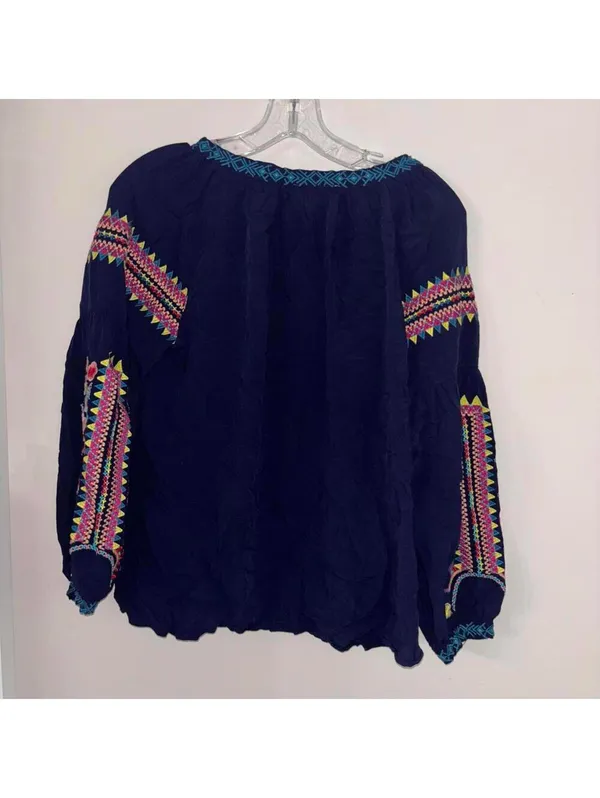 Solitaire Blue V Neck Boho Floral Embroidered Long Sleeve Blouse Tunic - Image 5