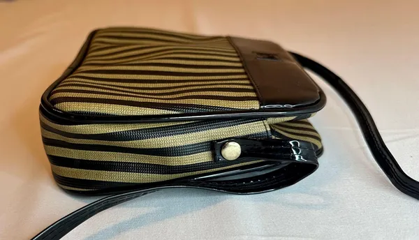 Designer Originals Vintage Fendi-Inspired Black/Tan Striped Neoprene Pequin Crossbody Purse - Image 4